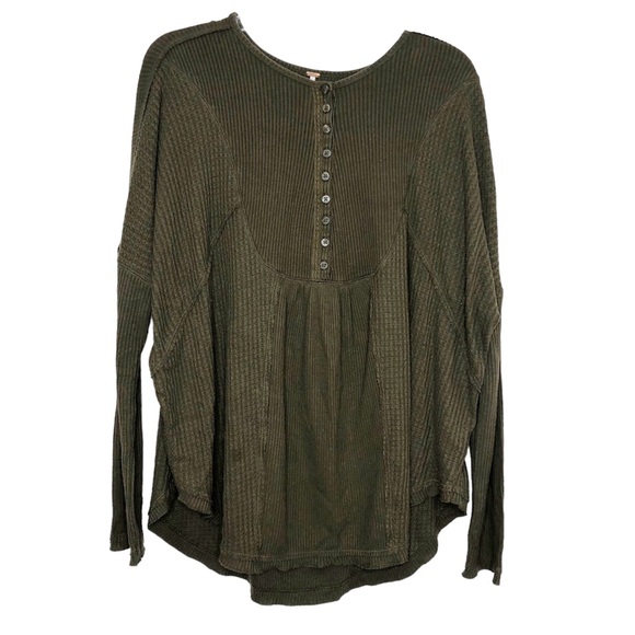 Free People Leo Henley Top Long Sleeve Waffle Knit Top Army Green Size Small - Picture 2 of 15